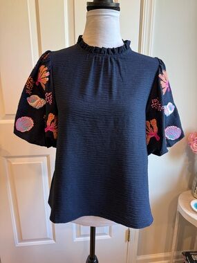 THML Navy Ruffled Mock Neck Top with Embroidered Flutter Sleeves
